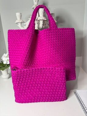 Woven Tote Bag and Pouch Set - Fuchsia Pink